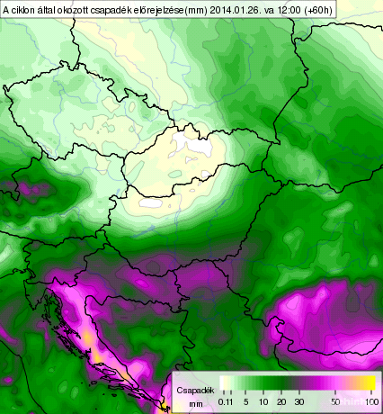 A január 24. 00UTC-kor futtatott ALADIN modell által előrejelzett csapadékmennyiség január 26. 12UTC-ig <br>OMSZ/facebook
