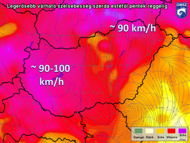 Jellemző szélirány és az időszakban várható maximális széllökések szerdától péntekig; csütörtökön várható legerősebb szél / met.hu