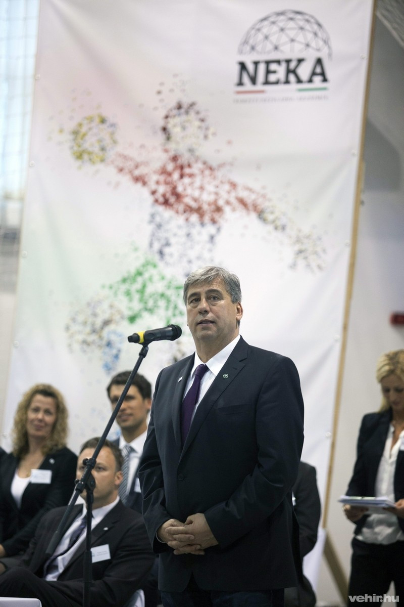 Mocsai Lajos, a Nemzeti Kézilabda Akadémia tudományos és szakmai főigazgatója beszél a Nemzeti Kézilabda Akadémia (NEKA) sportcsarnokának alapkőletételi ünnepségén a balatonboglári sportcsarnokban 2015. április 17-én. MTI Fotó: Varga György