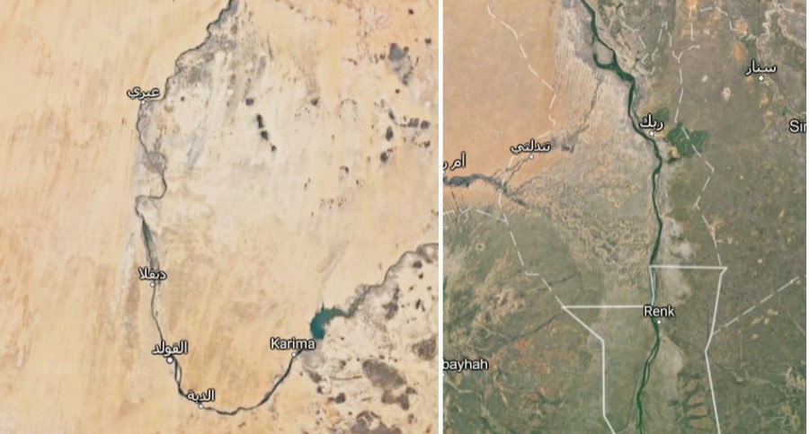 A Nílus Szudán északi határánál és kb 700 kilométerrel délebbre