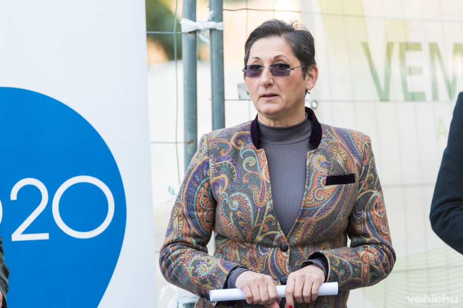 Brányi Mária a péntek délelőtti sajtótájékoztatón a veszprémi völgyikút utcai szociális intézmény előtt