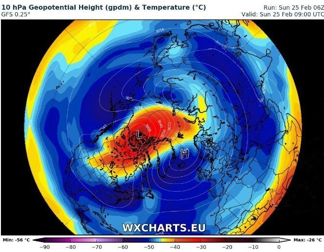 Hőmérséklet előrejelzés 10 hPa nyomás magasságban 2018. február 25-ére vonatkozóan. (GFS modell, wxcharts.eu)