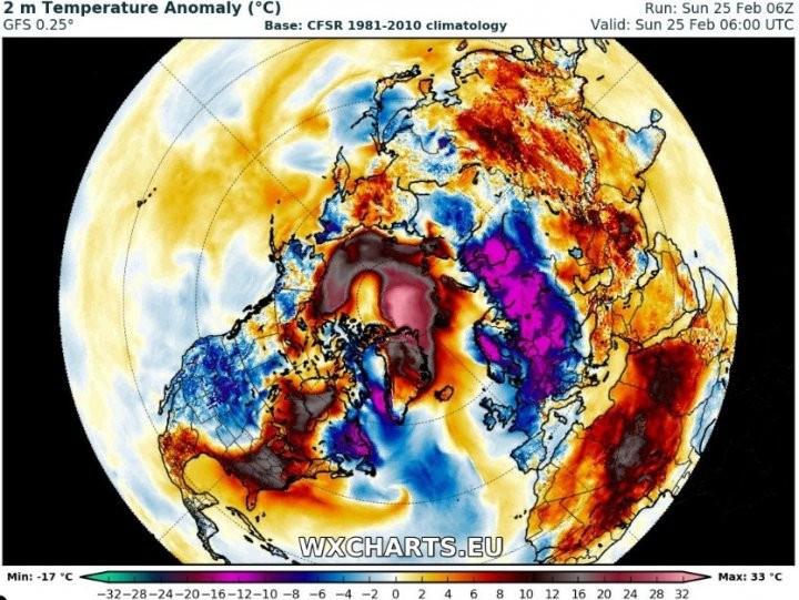 A hőmérséklet átlagostól való eltérése (előrejelzés) 2 méteren 2018. február 25-én. (GFS modell, wxcharts.eu) Jól látszik az európai és észak-kelet amerikai hideg idő, ezzel szemben a sarkkör közelében rendkívül enyhe a levegő