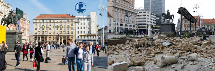 Zágráb főterén a Jelasic-szobor egy békés napon, majd a rengés után