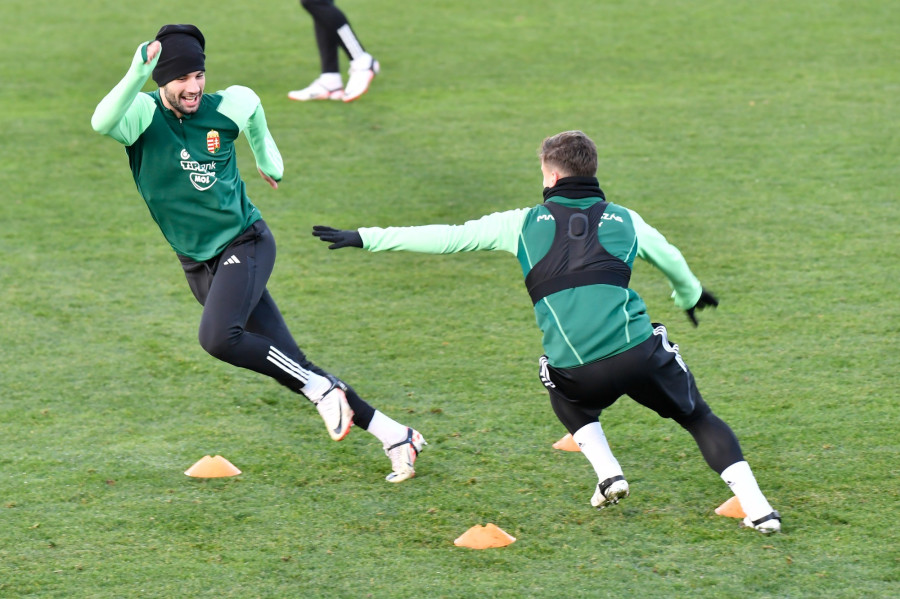 Szoboszlai Dominik (b) reakcióidő-fejlesztési gyakorlatot végez a magyar labdarúgó-válogatott edzésén a másnapi, Montenegró elleni Európa-bajnoki selejtező mérkőzés előtt a telki edzőközpontban 2023. november 18-án. MTI/Lakatos Péter