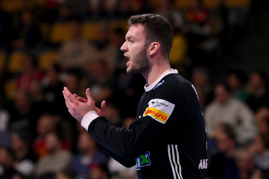 Palasics Kristóf kapus a férfi kézilabda olimpiai kvalifikációs Európa-bajnokság Magyarország - Montenegró mérkőzésén a müncheni Olympiahalléban 2024. január 12-én. MTI/Czeglédi Zsolt 