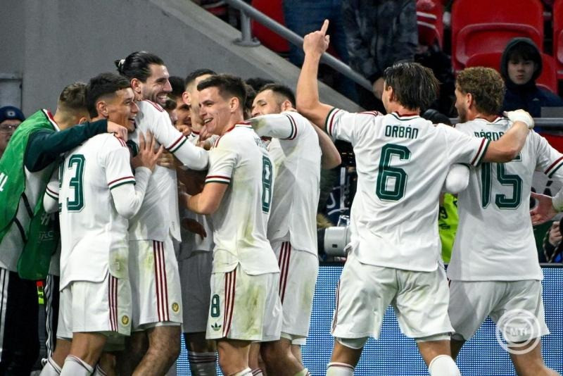 A magyar csapat gólöröme a Magyarország - Szlovénia felkészülési labdarúgó-mérkőzésen a Puskás Arénában 2026. március 28-án. MTI/Purger Tamás