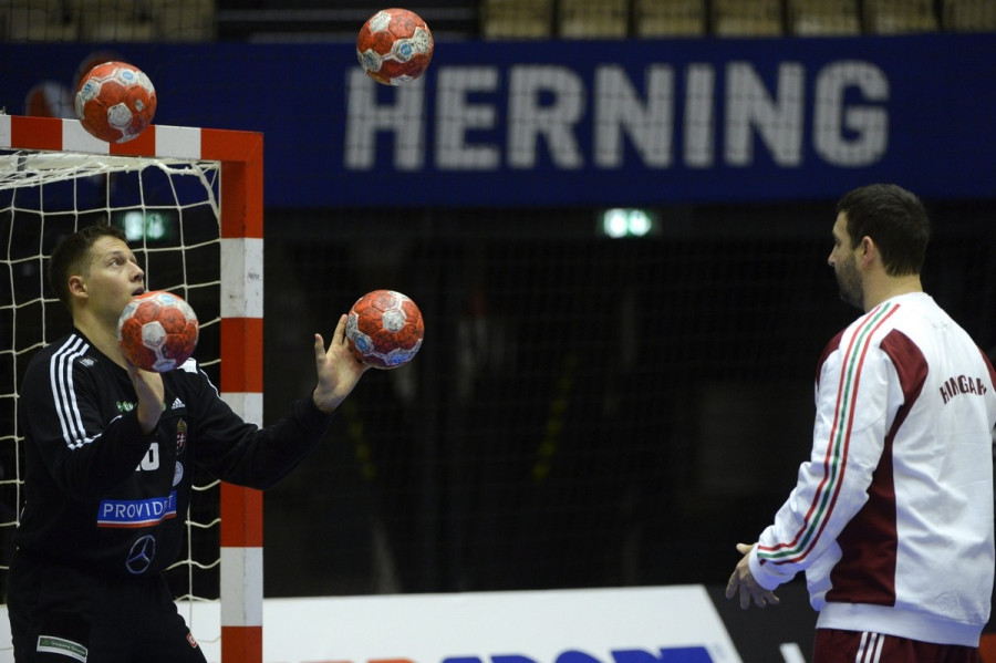 Mikler Roland kapus gyakorol a Dániában zajló férfi kézilabda Európa-bajnokságon részt vevő magyar válogatott edzésén a herningi Boxenben 2014. január 17-én. A magyar csapat legközelebb január 18-án Macedónia válogatottja ellen játszik. MTI Fotó: Kovács Tamás