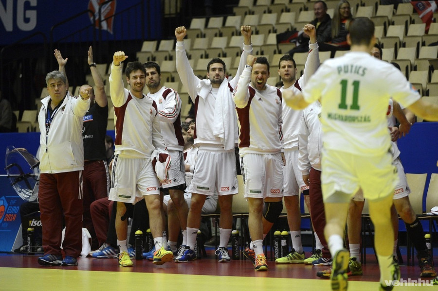 Mocsai Lajos szövetségi kapitány, valamint Lékai Máté, Mocsai Tamás, Nagy Kornél, Szöllősi Szabolcs, és Szalafai Gábor (b-j) örül Putics Barna góljának a Dániában zajló férfi kézilabda Európa-bajnokság középdöntőjének első fordulójában játszott Macedónia - Magyarország mérkőzésen, a herningi Boxenben, 2014. január 18-án. A meccset a magyar válogatott 31-25-re megnyerte. MTI Fotó: Kovács Tamás