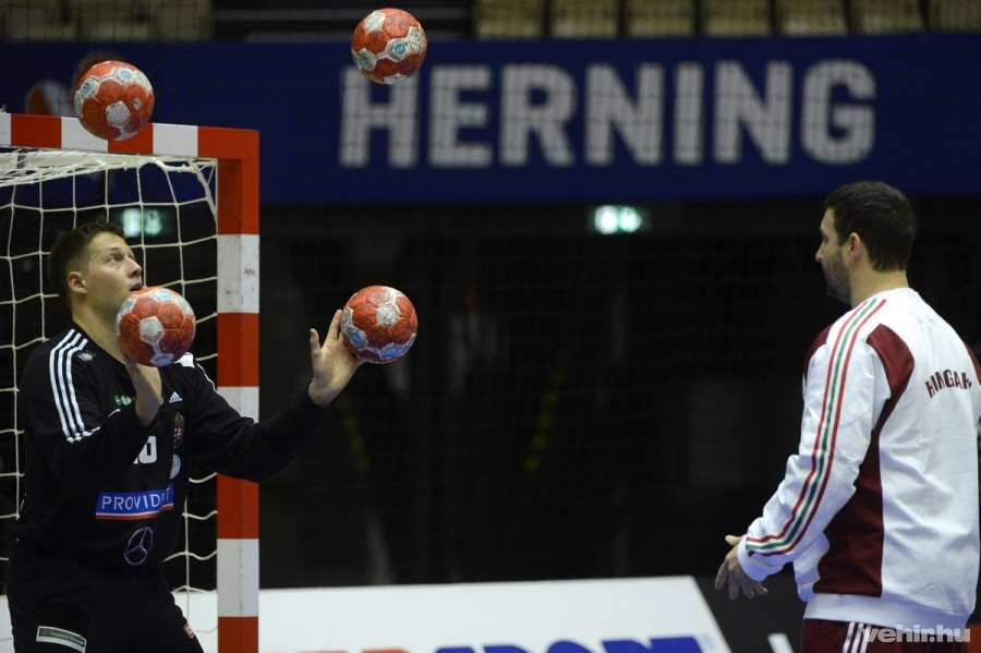 Mikler Roland kapus gyakorol a Dániában zajló férfi kézilabda Európa-bajnokságon részt vevő magyar válogatott edzésén a herningi Boxenben 2014. január 17-én. A magyar csapat legközelebb január 18-án Macedónia válogatottja ellen játszik. MTI Fotó: Kovács Tamás