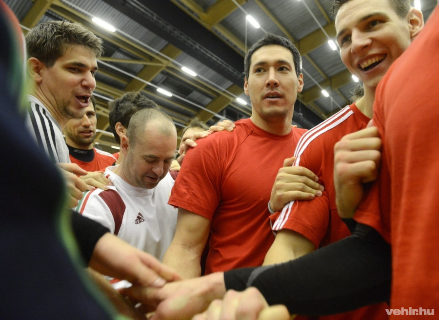 Putics Barna, Mocsai Tamás, Szikra-Mezey Csaba fizioterapeuta, Schuch Timuzsin, és Tatai Péter kapus (b-j) a magyar kézilabda-válogatott edzése után a Dániában zajló férfi kézilabda Európa-bajnokság B csoportjának pihenőnapján az aalborgi Gigantium arénában 2014. január 15-én. A magyar csapat január 16-án este a norvég válogatott ellen játszik. MTI Fotó: Kovács Tamás 