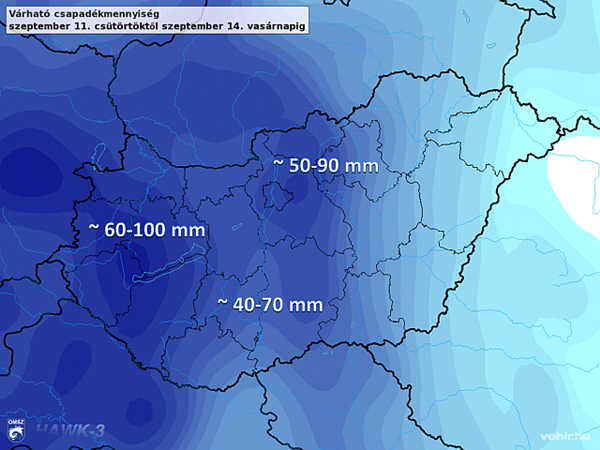 Csütörtöktől vasárnapig várható 4 napos becsült csapadékösszeg és várt területi eloszlása a szerdai számítások alapján.<br>Forrás: met.hu