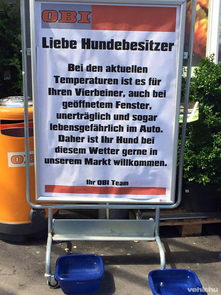 Egy német barkács áruház külön megállítótáblán hívja fel a gazdik figyelmét, hogy ne hagyják kint a négylábúakat az autóban, inkább hozzák be magukkal. 