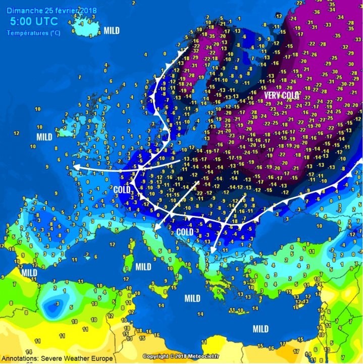 Hideg levegő árasztja el Európát 2018. február 25-én. (Sever Weather Europe)