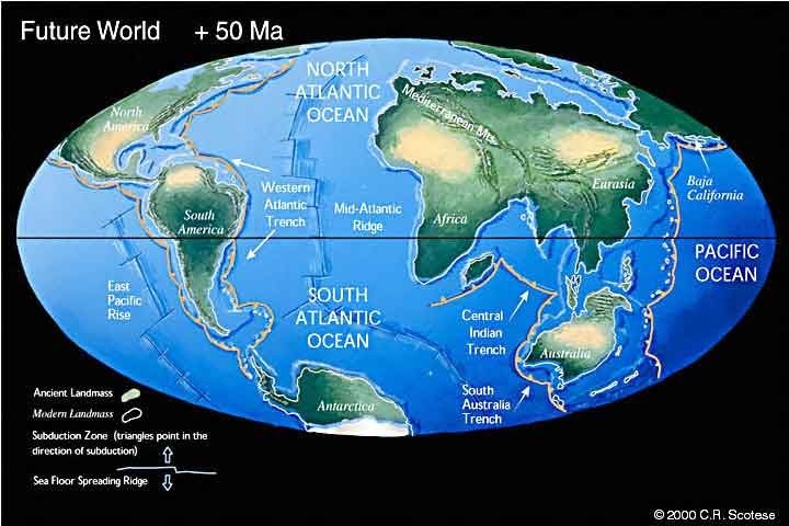 A világ 50 millió év múlva a Földközi-hegységgel (forrás: scotese.com)