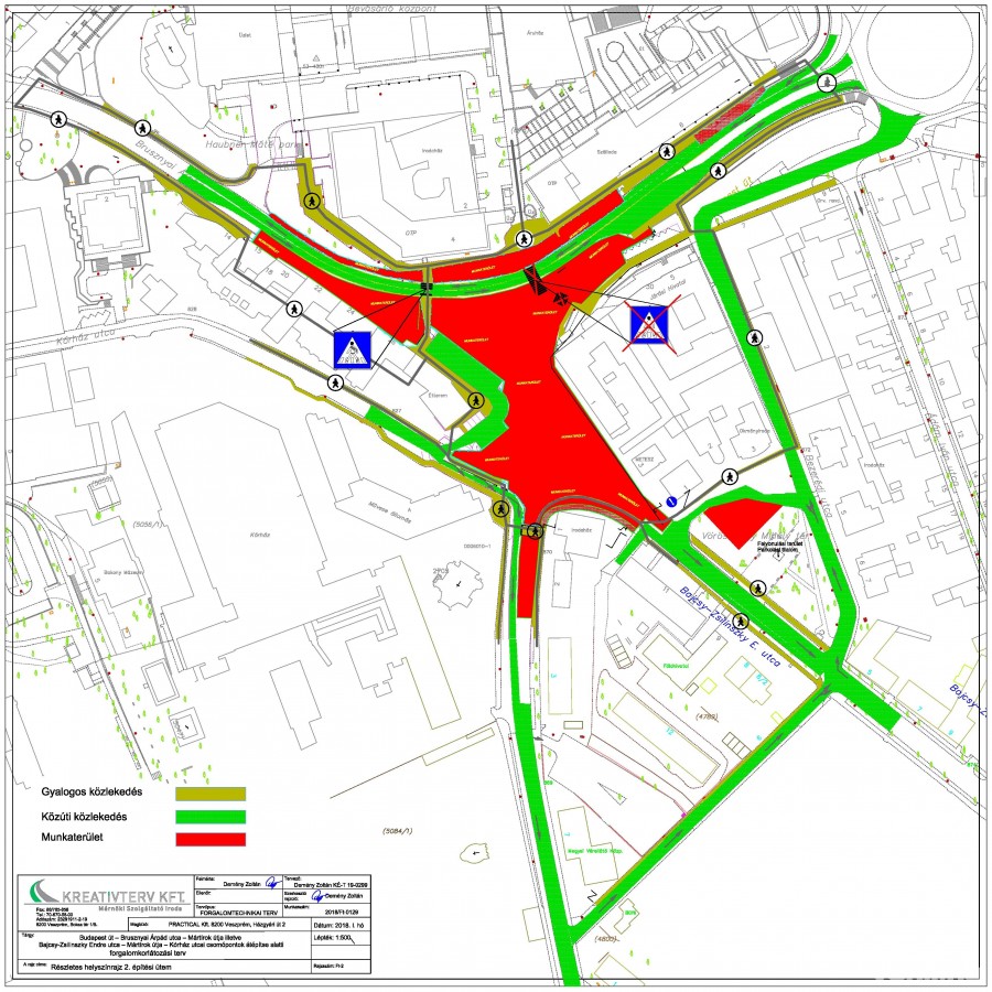 A forgalomkorlátozás utáni közlekedési rend:Munkaterület - piros, Közúti közlekedés - zöld, Gyalogos közlekedés - zöldes barna