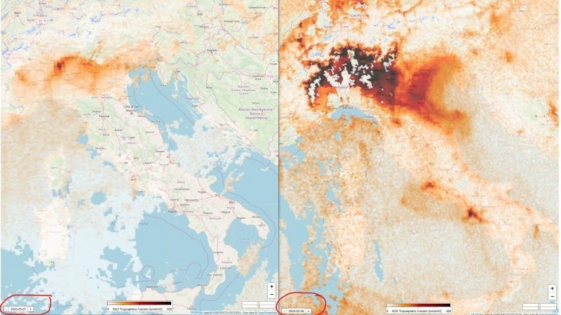 Nitrogén-dioxid kibocsátás március 7-én (balra) és február 8-án (jobbra) Műholdkép forrása: NASA / Sentinel 5, Copernicus Program (@SanGasso)