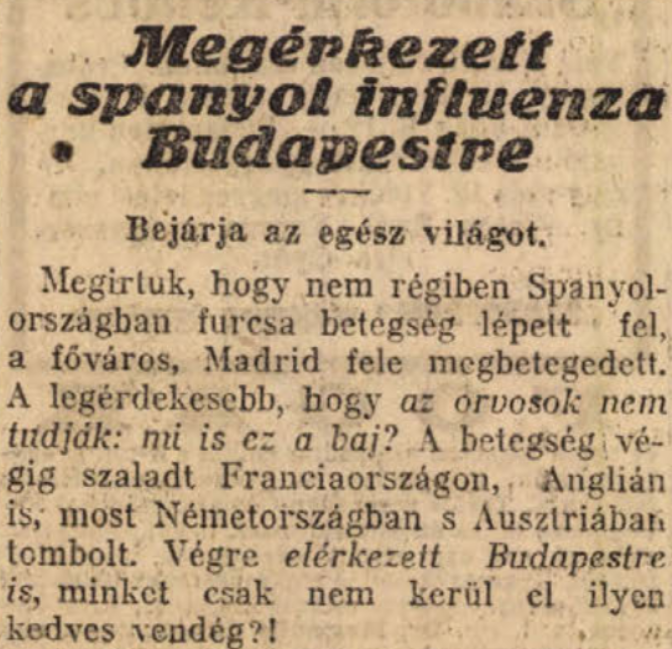 1918 július 4-i újságcikk a spanyolnátháról (forrás: egypercestortenelem.blog.hu)