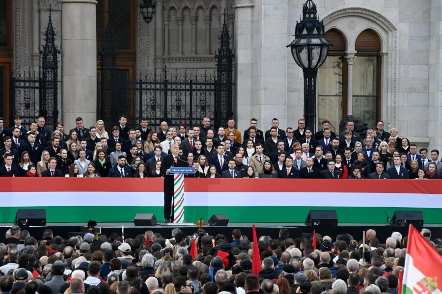  Orbán Viktor miniszterelnök beszédet mond a Kossuth téren rendezett állami díszünnepségen az 1848-49-es forradalom és szabadságharc kitörésének évfordulóján, 2022. március 15-én. MTI/Koszticsák Szilárd