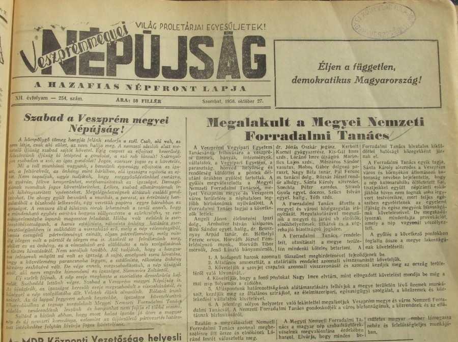 A Veszprémmegyei Népújság címoldala 1956-ban az októberi forradalom idején