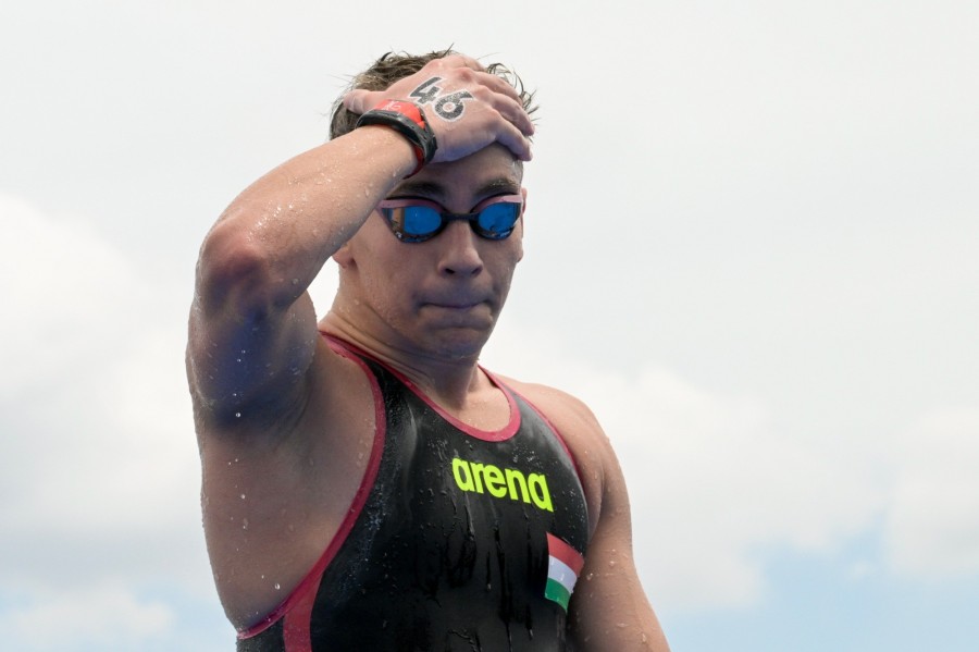 Az 5. helyen végzett Betlehem Dávid a férfi nyílt vízi úszás 5 kilométeres versenye után a vizes világbajnokságon Fukuokában 2023. július 18-án. MTI/Koszticsák Szilárd 