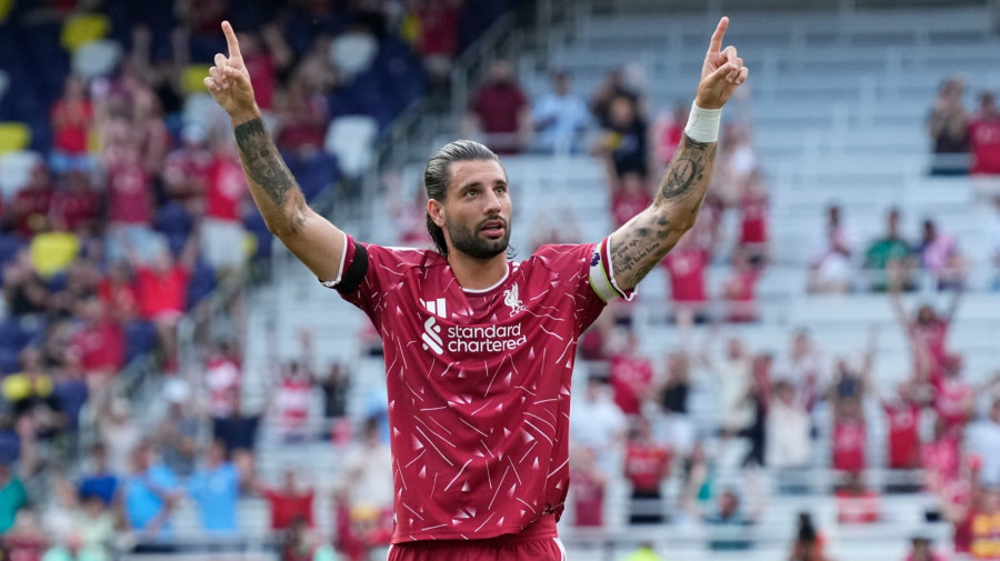 Szoboszlai Dominik, a Liverpool játékosa ünnepel, miután gólt lőtt a Liverpool-Sunderland AFC felkészülési mérkőzésen a Tennessee állambeli Nashville-ben 2026. július 25-én. A Liverpool 4-2-re nyert.MTI/AP/George Walker IV