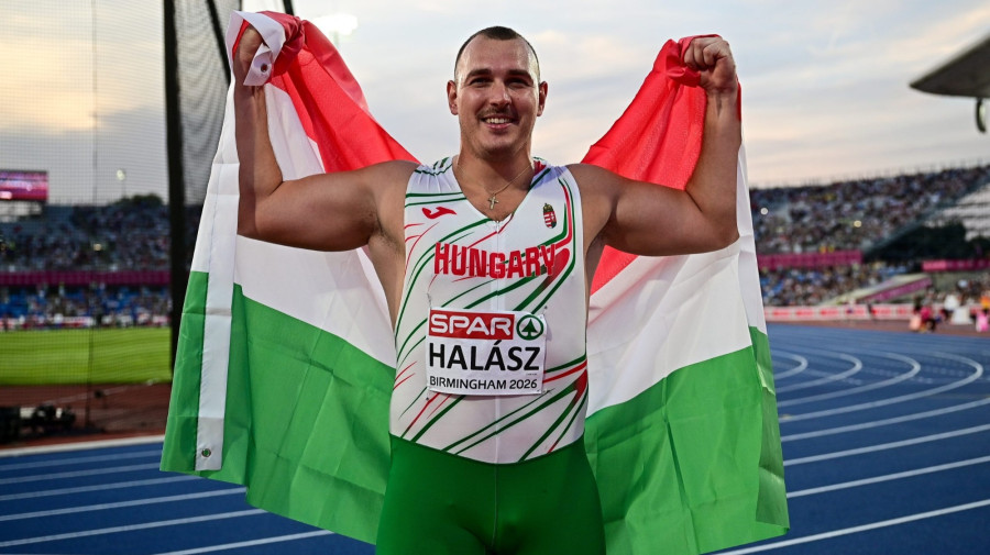 A győztes Halász Bence a férfi kalapácsvetés döntője után a birminghami atlétikai Európa-bajnokságon 2026. augusztus 11-én. Halász Bence 84,25 méteres országos csúccsal győzött. MTI/Czeglédi Zsolt